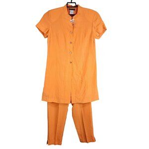 Womens 2pc Orange Metro Style Tunic Top & Pant Set 100% Silk Button Down Size 12